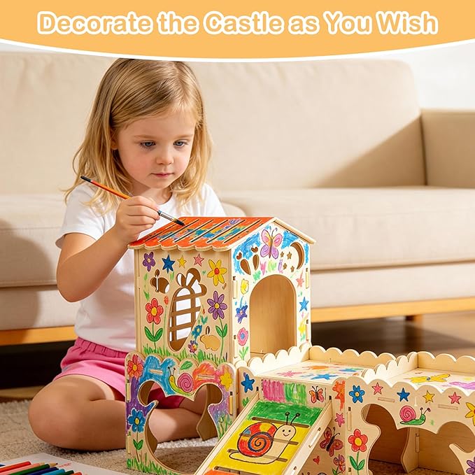 Large Rabbit House with 2PCS Rabbit Scratch Mat, Wooden Bunny Castle with 4 Houses Indoor, Guinea Pig Cage Multistory Climbing Tower Sturdy Wooden Castle, Small Animal Hideaway Tunnel