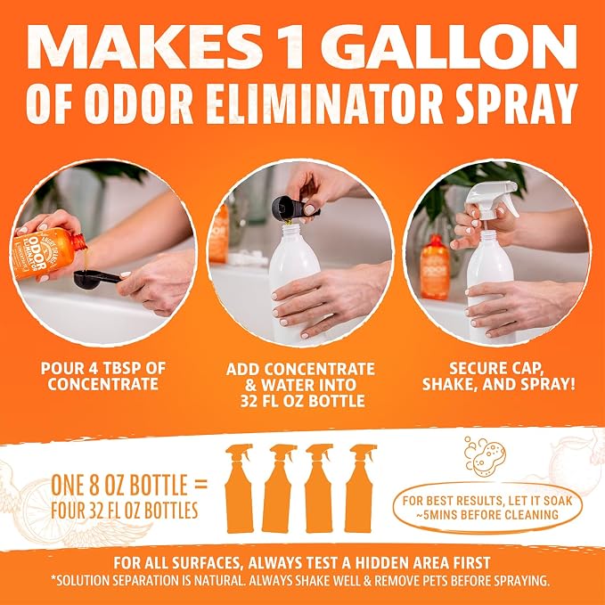 ANGRY ORANGE Pet Stain and Odor Remover - 2 Spray Pack - 32 oz Dog, Ferret, Rabbit & Cat Urine Enzyme Cleaner - 8 oz Strong Pet Odor Eliminator Concentrate - For Pee on Carpet, Furniture, Tile, Wood