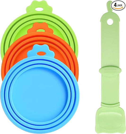 Universal Pet Food Can Lids - 3 Pcs, Squeezable Cat Treat Feeder & Spoon, Green/Blue/Orange Lids, Green Feeder
