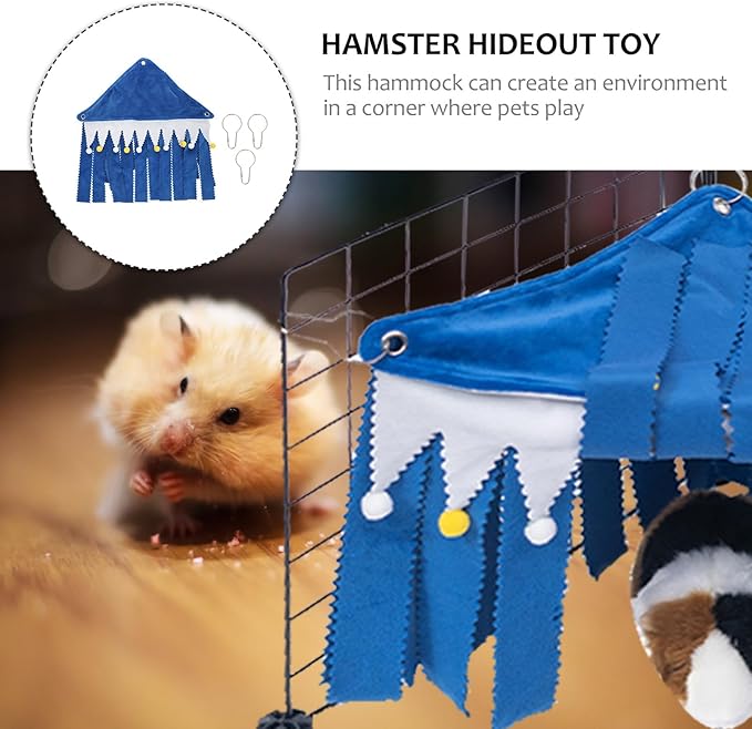 Milisten Small Pet Tassel Tent Corner Hideout with Hammock for Hamsters Guinea Pigs Rabbits Blue Cozy Small Animal Hideaway Bed for Cage Habitat