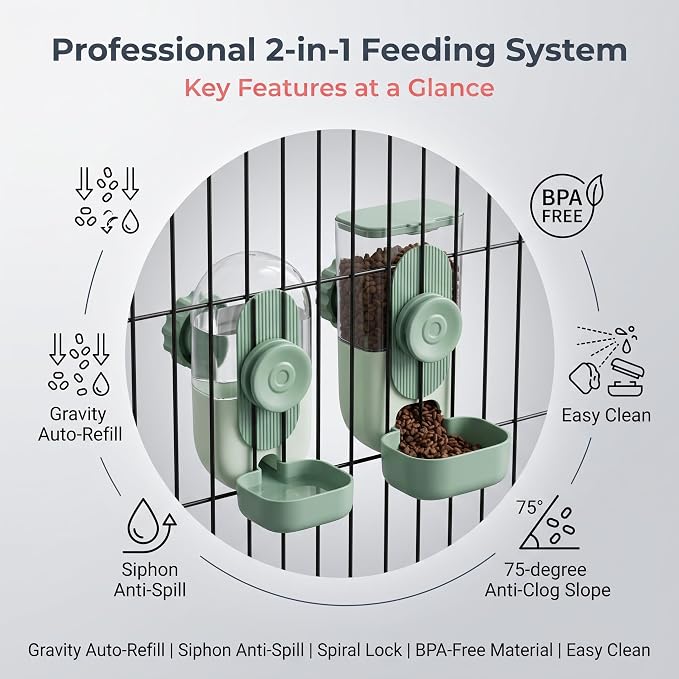 Hanging Gravity Pet Feeder Water Bowl Set for Small Pets(Bean Paste Pink) | 2-in-1 automatic feeding & drinking dispenser; cage hanging design; auto gravity refill; fits cats, dogs, rabbits, hedgehogs