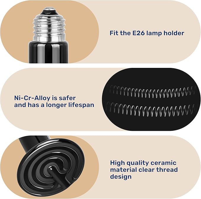 Reptile Heat Lamp 100W Ceramic Heat Emitter, No Light Emitting Heat Bulbs for Amphibian Pet Brooder Coop Incubating Chicken, Lizard Bearded Dragon Turtle Snake Terrarium, 2 Pack