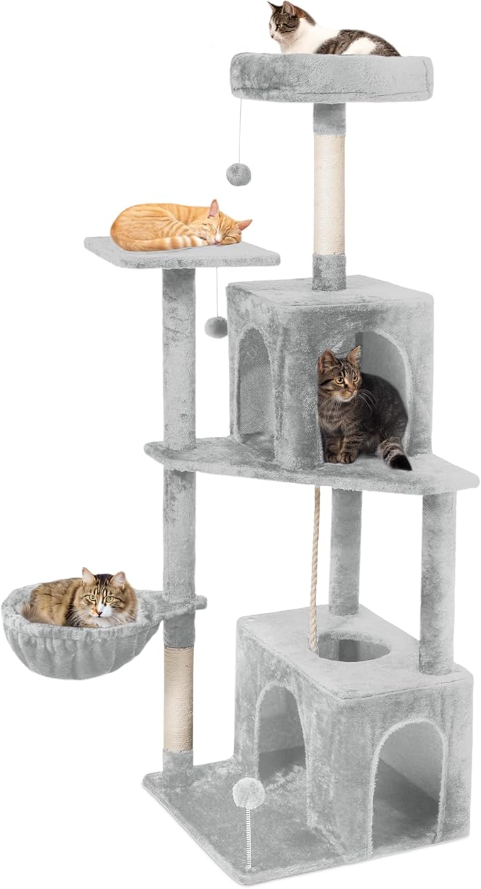 54-Inch Cat Tree Tower with 2 Caves & 2 Pompoms - Multi-Level Tower for Indoor Cats, Soft Plush Condo with Scratching Posts - Sturdy Base for Large Cats (Light Grey01)