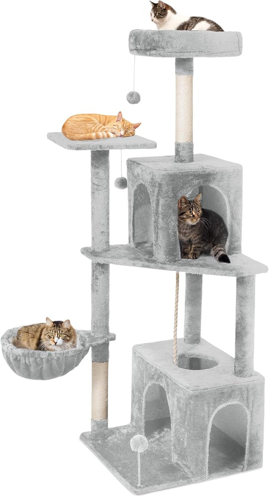 54-Inch Cat Tree Tower with 2 Caves & 2 Pompoms - Multi-Level Tower for Indoor Cats, Soft Plush Condo with Scratching Posts - Sturdy Base for Large Cats (Light Grey01)