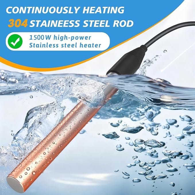 Xyloz 120V 1500W Immersion Electric Water Heater | Fully Submersible, Thermostat & GFCI, For Sinks, Bathtubs, Washbasins