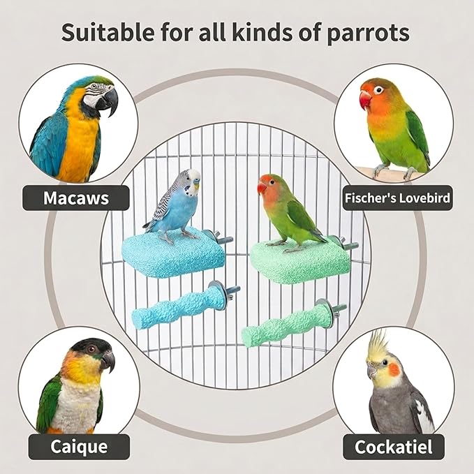 4-Piece Bird Perch Set for Parakeet Cages, Bird Beak Grinding Stone, Natural Volcanic Rock Bir-d Cage Accessories, Durable Bi-rd Perch Toys for Small Birds