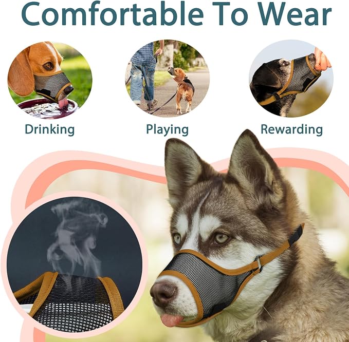 LUCKYPAW Dog Muzzle, Mesh Dog Muzzle for Large Medium Small Dogs, Soft Mouth Guard for Biting Chewing, Breathable Mouth Cover with Adjustable Strap for Training (Brown, S(Snout:7.75"-8.75"))