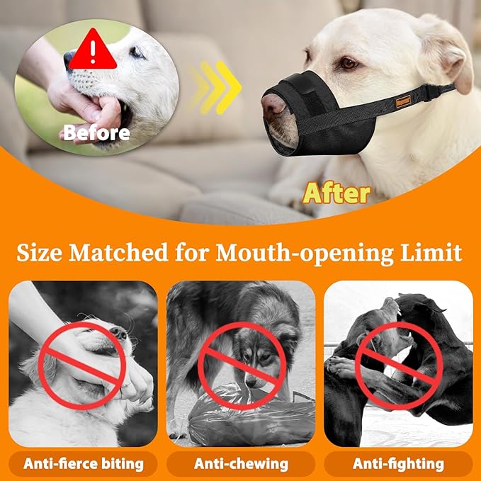 Mayerzon Dog Muzzle for Large Medium Small Dogs, Adjustable Fit, Soft & Sturdy Fabric, Prevents Fierce Barking Biting Chewing, Ideal for Grooming Walking Vet Visits, Allows to Pant Drink (Black, L)
