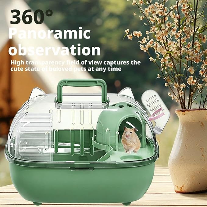 Portable Hamster Cage – 11" Cat Ear Shape Small Animal Habitat with Exercise Wheel, Water Bottle, Hideout House & Platform, Transparent Carrier for Hamsters, Gerbils, Mice