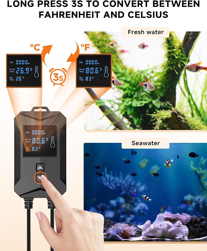 AQQA Aquarium Heater 800W/1000W/1200W/1400W Fish Tank Heater with LED Digital Display 110-120V Submersible No Pond Heaters with Overheat & Dry-Out Protection for Freshwater & Saltwater Tanks (800W)