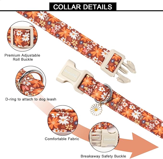 Lionet Paws Vintage Floral Dog Collar- Cute Fall Groundsel Oxalis Golden-Rod Dog Collars with Plastic Buckle, Light Adjustable Brown Dog Collars for Small Medium Dogs