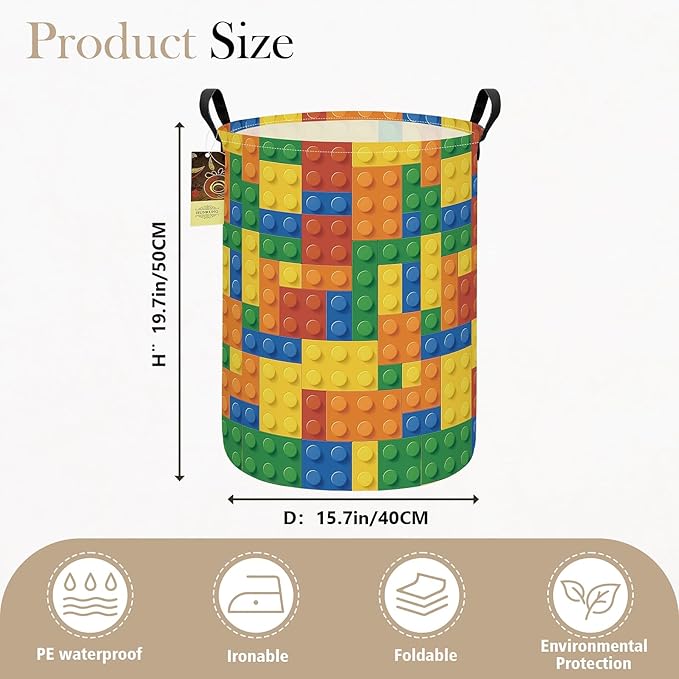 Collapsible Fabric Storage Basket, Waterproof Laundry Hamper with Handles, Round Storage Bin for Clothes Toys, Foldable Organizer for Bedroom Nursery Bathroom(Round-Colorful Blocks)