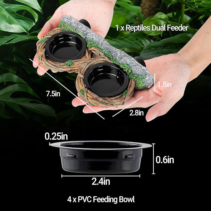 REPTI ZOO Magnetic Reptile Feeding Ledge, Gecko Feeder Ledge with 4PCS Cups, Hollow Vine Food Dish, Reptile Water Bowl for Bearded Dragon Lizard Snake Turtle, Terrarium Tank Accessories