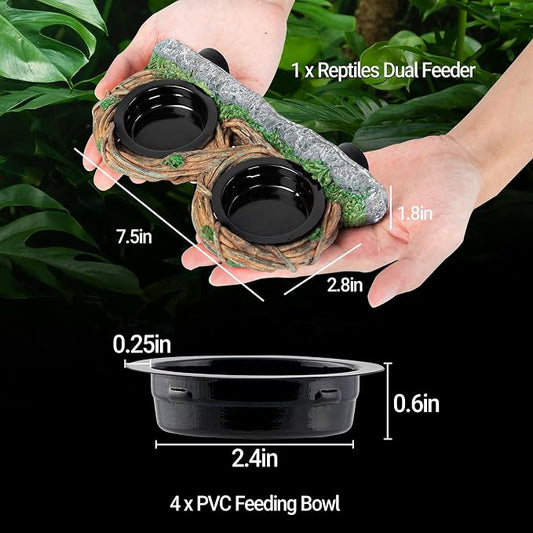 REPTI ZOO Magnetic Reptile Feeding Ledge, Gecko Feeder Ledge with 4PCS Cups, Hollow Vine Food Dish, Reptile Water Bowl for Bearded Dragon Lizard Snake Turtle, Terrarium Tank Accessories