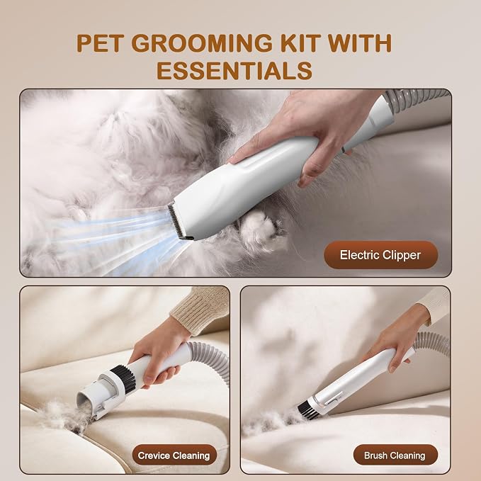 Dog Grooming Vacuum, Dog Grooming Kit, 3 Suction Modes Dog Brush Vacuum with 5 Pet Grooming Tools (Off-white)