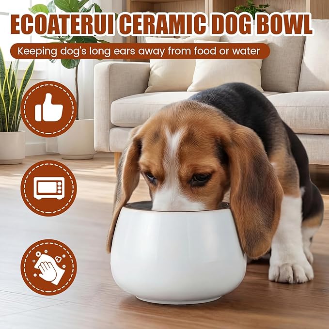 1 Pack 37 oz Ceramic Dog Bowl for Large Dogs with Long Ears No Spill Water & Food Pet Bowl Cocker Spaniel Beagle Bassett (Moon White)