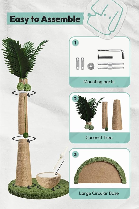 33" Tall Cat Scratching Post, Natural Jute Cat Scratcher for Indoor Cats,Coconut Tree & Straw Design with Hanging Toy Ball & Rest Platform,Stable Furniture Protector for Kittens & Adult Cats,M