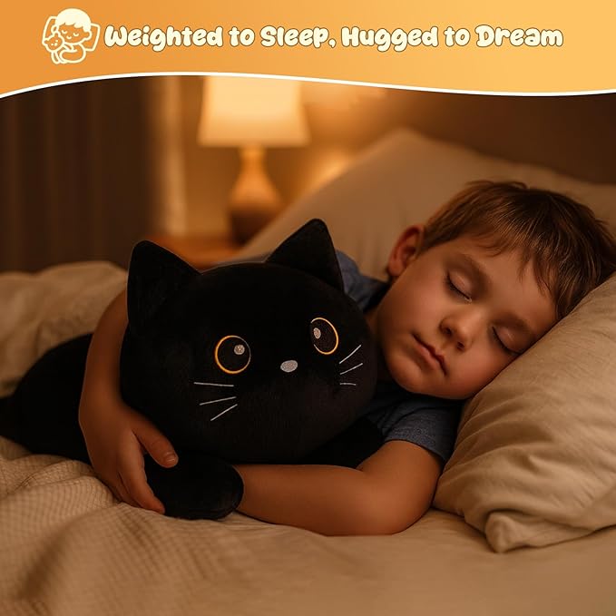 SQEQE Weighted Stuffed Animals Black Cat, Weighted Black Cat Plush, Plushies for Cozy Comfort, Soft Black Cat Pillow Toy for Kids Adults, Christmas & Valentines Gift 9.8 Inch, 0.8 Lb