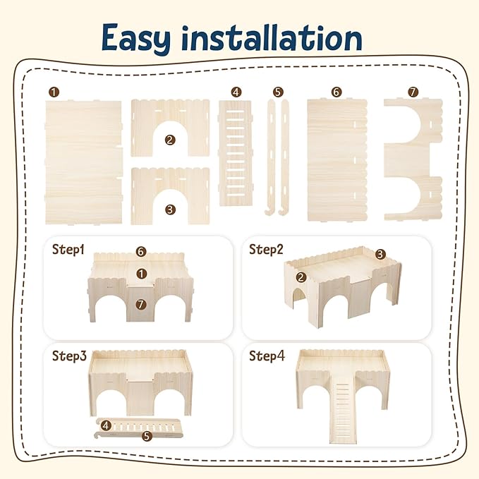 1 Set Large Guinea Pig Hideout, Detachable Wooden Guinea Pig Castle with Stairs, Easy Assembly Guinea Pig House for Small Animals Perfect Guinea Pig Cage Accessories Small Animals