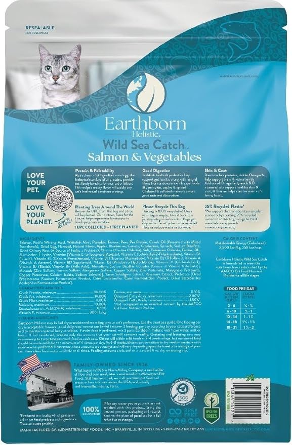 Earthborn Holistic Wild Sea Catch Grain-Free Dry Cat Food, High Protein Salmon & Whitefish Protein Recipe, Omega 3 and 6 Fatty Acids, 12.5 lb Bag