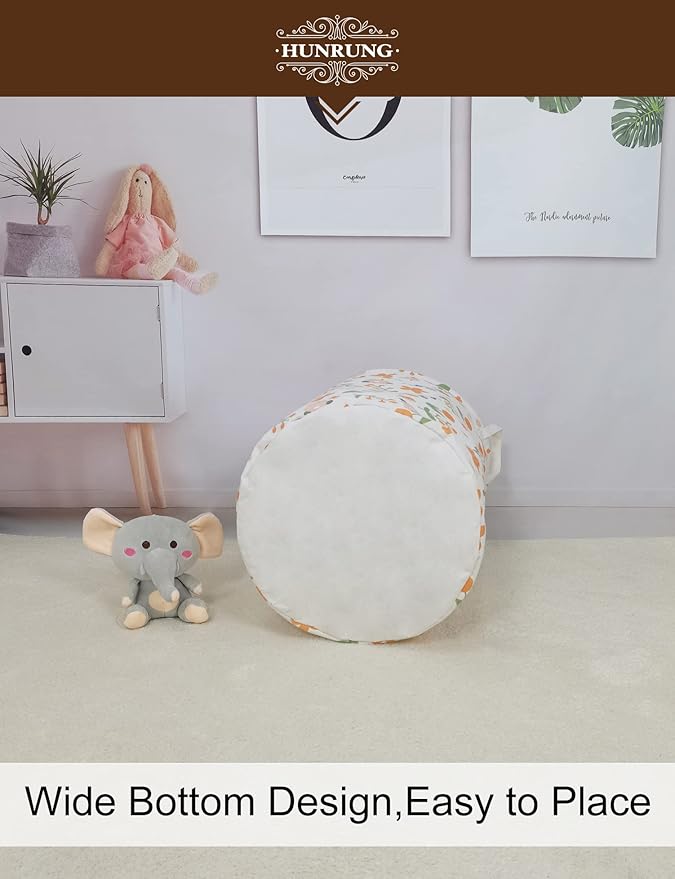 Collapsible Fabric Storage Basket, Waterproof Laundry Hamper with Handles, Round Storage Bin for Clothes Toys, Foldable Organizer for Bedroom Nursery Bathroom(Round-Orange Flower)