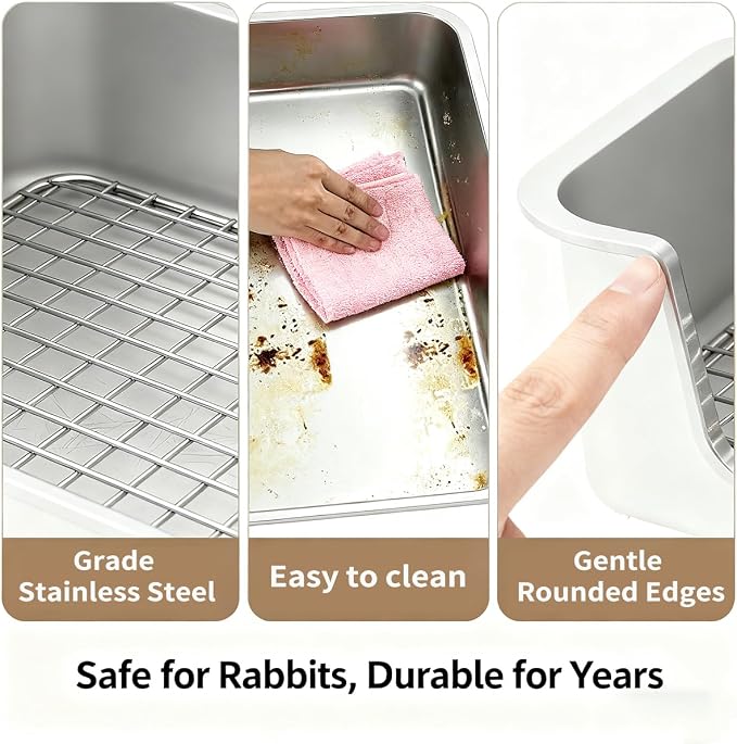 PODOO Bunny Litter Box, Stainless Steel Sifting Pan with Non-Slip Pads | Stainless steel sifting pan lets waste fall below; raised sides and non-slip pads help keep the litter area stable and tidy