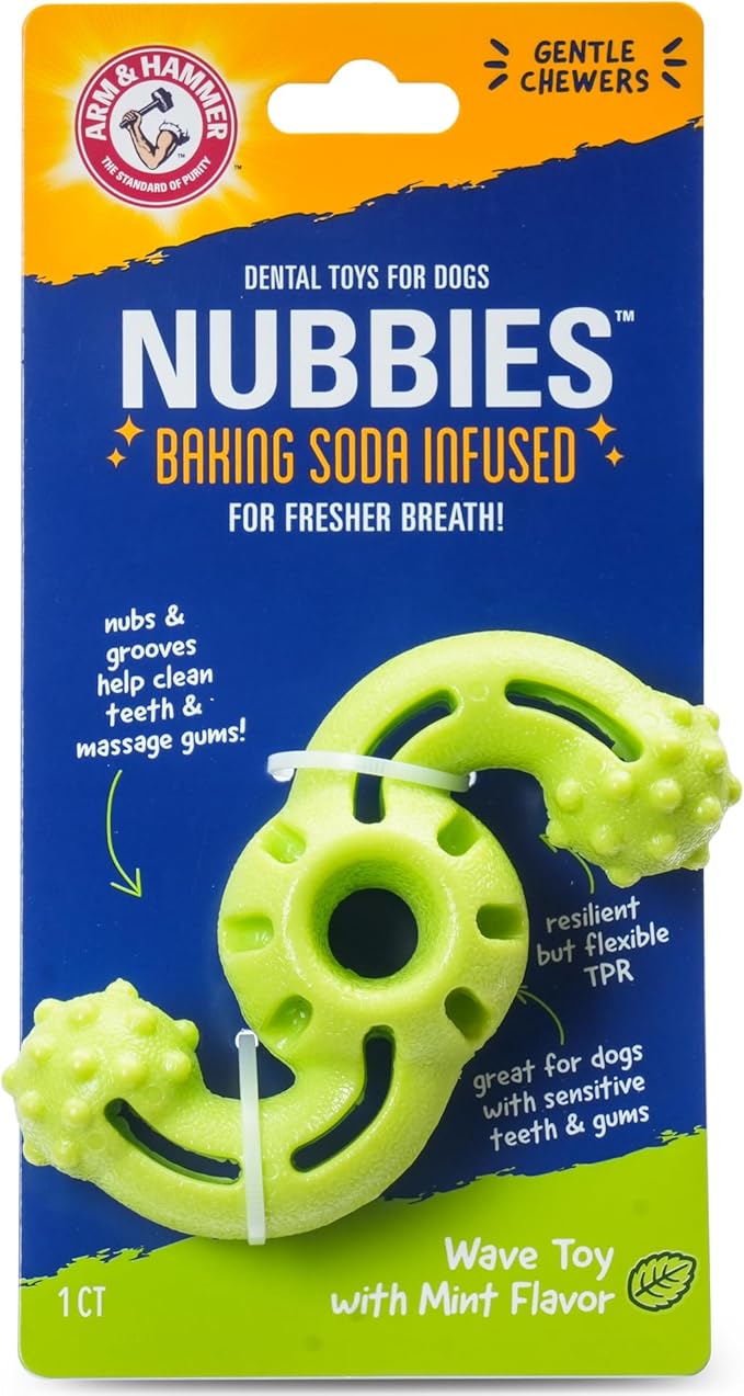 Arm & Hammer Nubbies Dog Dental Chew Toy, TPR Wave, Mint Flavor, for Gentle Chewers, Helps Reduce Plaque and Tartar Buildup, Baking Soda Infused, No Stuffing Designs