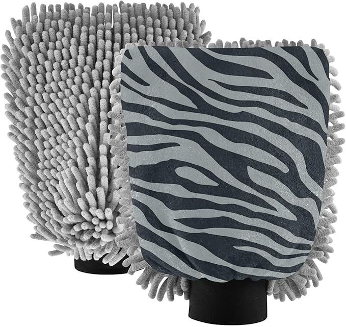 Car Wash Mitt Microfiber Wash Mitts for Car Washing Scratch-Free Cleaning Gloves Soft Non Absorbent Chenille Auto Hand Mitt Large 2Pack Grey Zebra Print