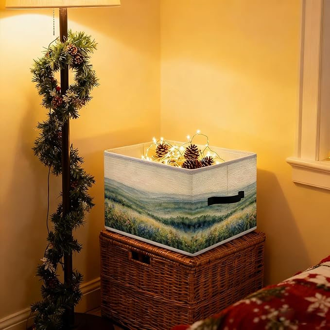 Watercolor Wildflowers Blue Ridge Mountains Storage Bins, Appalachian Highlands Floral Landscape Foldable Closet Organizers Storage Basket Toybox for Clothes Bed Sheets Blankets Toys