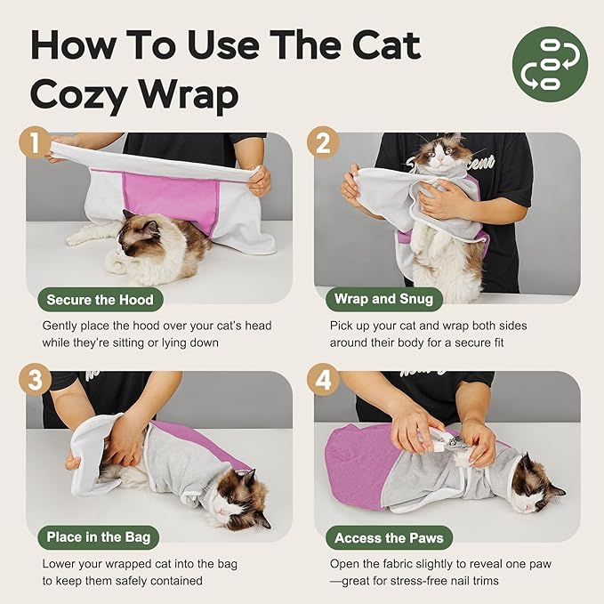 Cat Wrap for Cutting Nails, Self-Adhesive Cat Nail Clipping Restraint Bag, Anti-Scratch Cat Grooming Swaddle for Meds, SubQ Fluids, Ear Cleaning, Teeth Brushing & Vet Visits,Pinkish Purple,L