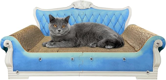 Luxury Cardboard Cat Scratcher Sofa Bed, Couch Shaped Scratching Board, Scratch Lounge with Catnip, Cat Scratcher for Indoor Cats Large Blue 25.4" L