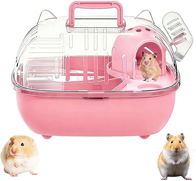 Portable Hamster Cage – 11" Cat Ear Shape Small Animal Habitat with Exercise Wheel, Water Bottle, Hideout House & Platform, Transparent Carrier for Hamsters, Gerbils, Mice