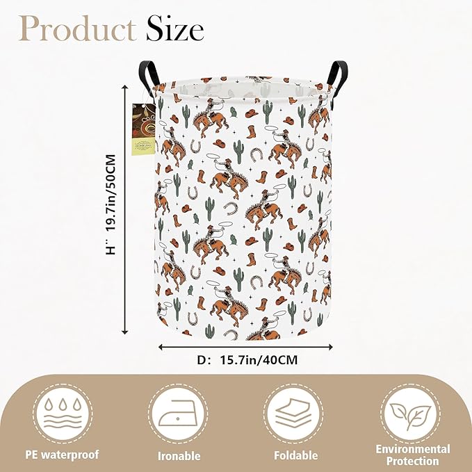 Collapsible Fabric Storage Basket, Waterproof Laundry Hamper with Handles, Round Storage Bin for Clothes Toys, Foldable Organizer for Bedroom Nursery Bathroom(Round-Cowboy)