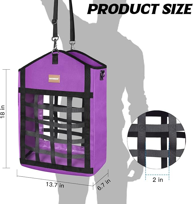 Innovative Hay Bags for Horses, Goat Hay Feeder with Reinforced Oxford Fabric and High Strength Metal Clasp,Horse Feeding Supplies with Adjustable Strap for Easy Hanging (Purple-1pack)