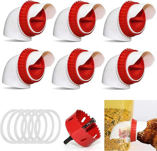 6PACK No Waste Chicken Feeder Ports - DIY Chicken Feeder Kit with Hole Saw - Chicken Feeder Cups for Bucket,Barrels,Bins,Troughs
