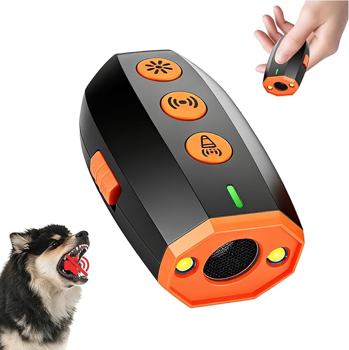 Ultrasonic Bark Deterrent Device, 3-in-1 Compact Humane Safe Dog Barking Control Tool, Handheld Dog Repellent with LED Strobe & Flashlight, Rechargeable Dog Training Aid for Indoor Outdoor Use