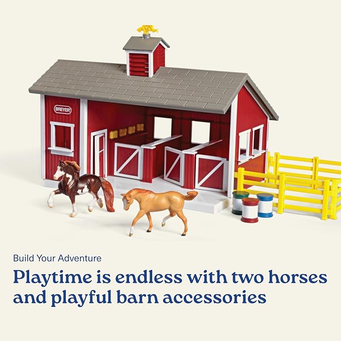 Breyer Stablemates Red Stable Set with Two Horse Figurines - Premium Horse Barn Toy for Kids - Educational Collectible Equestrian Gift for Kids - Imaginative Play Set