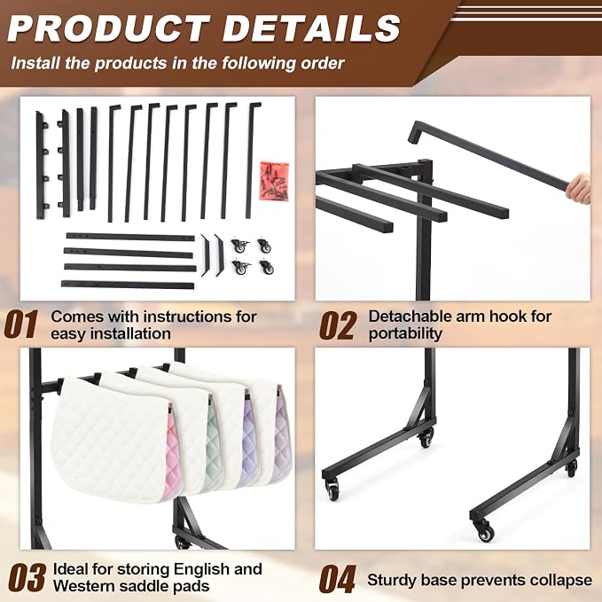 8-Arm Saddle Pad Rack with Wheels, Removable Horse Blanket Holder Space Saving Horse Saddle Pads Stand for Barn Stable Farm Trailer Accessories