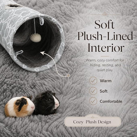 Plush Inside 3-Way Shape Small Animals Tube Tunnel with Interactive Ball for Guinea Pig, Hamster, Chinchilla, Hedgehog Hiding and Resting, Geometric Grey