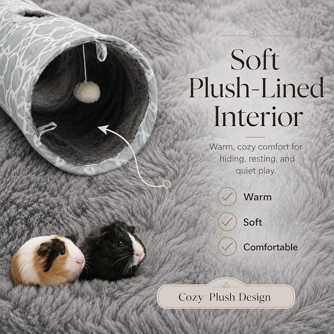 Plush Inside Stright Shape Small Animals Tube Tunnel with Interactive Ball for Guinea Pig, Hamster, Chinchilla, Hedgehog Hiding and Resting, Geometric Grey