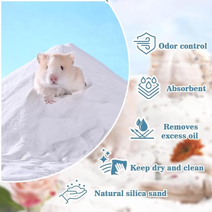 Hamster Sand Bath - Whit Fine Sand Hamster Bedding Reptile Silica Sand Gerbil Hideout for Hamster Chinchillas Gerbil Small Animals Small Pets (Flower Scent, 1.1 lb + L Hamster Bathtub + Scoop)