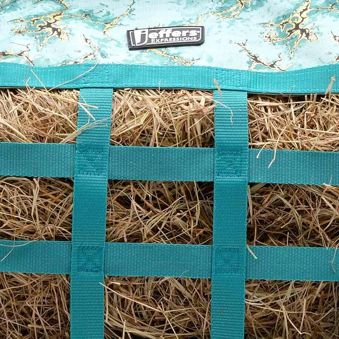 Jeffers Expression Extend Feed Hay Bag - Natural Slow Feed Hay Feeder, Durable 600D Material, Mesh Bottom & Top Loading Design, Holds Up to 2 Flakes for Horses, Goats & Livestock - Bisbee Blue