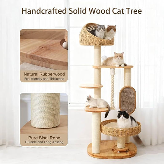 Solid Wood Cat Tree for Large Cat, 50-Inch Tall Cat Tower for Indoor Cats with Scratching Post, Multi-Level Cat Condo with Handwoven Basket, Sturdy Cat Houses Easy to Clean