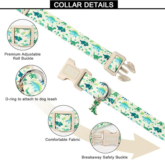 Lionet Paws Green and Blue Dinosaur Dog Collar- Cute Stegosaurus and Raptor Beige Dog Collars with Plastic Buckle, Light Adjustable Dog Collars for Small Medium Dogs