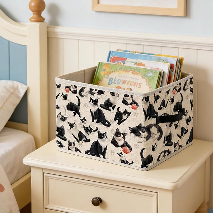Funny Tuxedo Cat Storage Bins, Black and White Cat Foldable Closet Organizers Storage Basket Toybox for Clothes Bed Sheets Blankets Toys