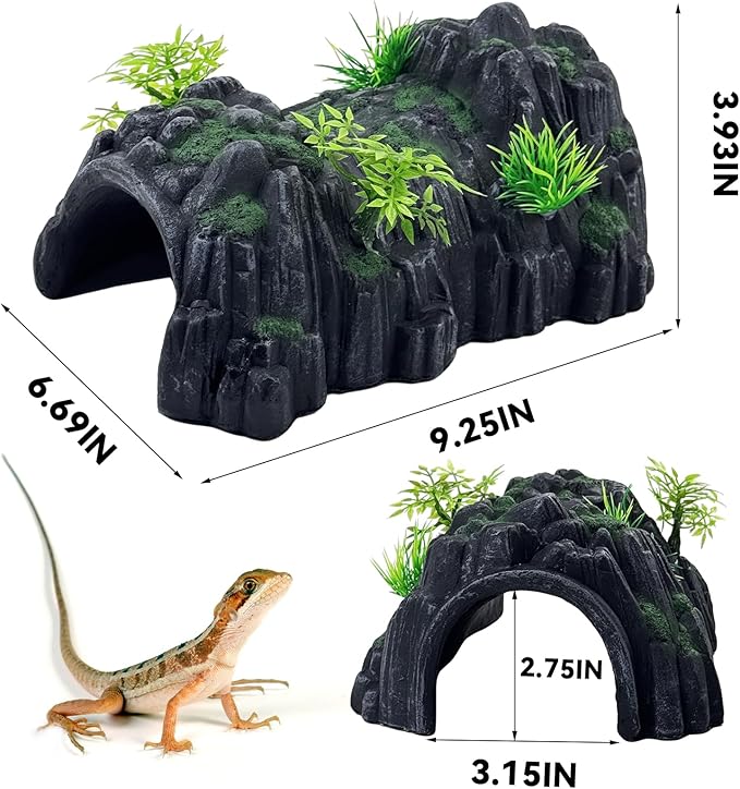 PINVNBY Reptile Rock Hide Cave,Resin Crested Gecko Hideout Caves Lizard Hideaway Bridge Terrarium Habitat Decor for Lizard Snake Turtle