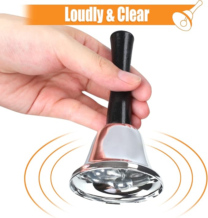 2 Pack Hand Bell, Silver Steel Bell, Ringing Bell with Handle, Dinner Bells for Inside Classroom Bell, for Food Line, Alarm, Jingles, Ringing (Silver)
