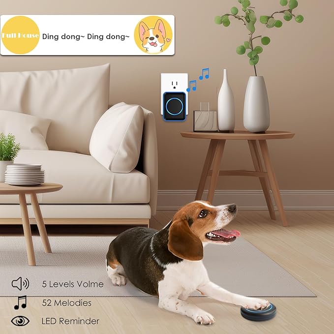 Full House Dog Doorbell for Potty Training, Wireless Pet Doggie Door Bell Training to Go Outside, Waterproof Touch Button, Over 1000 feet Range (Black, 1 Button + 1 Receiver)