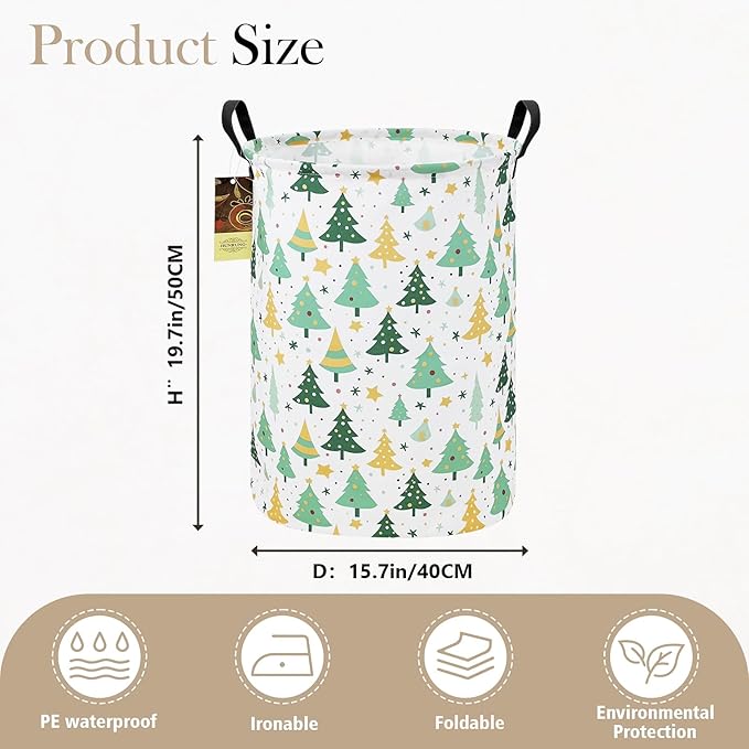 Collapsible Fabric Storage Basket, Waterproof Laundry Hamper with Handles, Round Storage Bin for Clothes Toys, Foldable Organizer for Bedroom Nursery Bathroom(Round-Christmas tree)