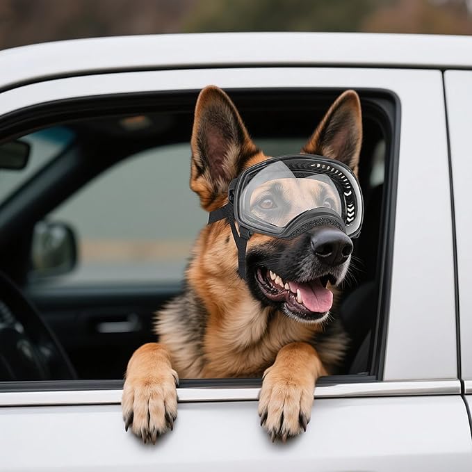 NAMSAN Dog Goggles for Large Dogs, Clear Lenses, Dog Sunglasses Medium to Large Breed, Anti-UV Doggie Eye Protection, Adjustable Driving Glasses, Windproof Dustproof, Black